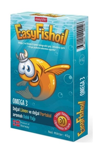 Easy Fish Oil Çocuk Portakal Aromalı 30 Çiğneme TabletEasyfish Oil Çocuk Portakal ve Limon Aromalı Balık Yağı Çiğneme Tableti 30  - 131,15 TL - Takviyegiller.comOmega3 &Balık YağıEasyVit