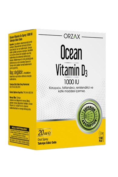 Orzax Ocean Vitamin D3 1000 Iu Oral Sprey 20 MlOrzax Ocean Vitamin D3 1000 Iu Oral Sprey 20 Ml - 49,90 TL - Takviyegiller.comVitaminlerOrzax